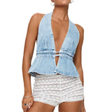 Purpdrank  Women's Y2K Summer Halter Neck Crop Tops Bow Tie-up Sleeveless Deep V-Neck Backless Solid Color Denim Flare Vest