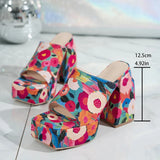 Purpdrank  Fashion Flower Print Chunky Heel Sandals Women Outdoor Party Super High Heels Slippers Woman Square Toe Platform Sandles 36-42