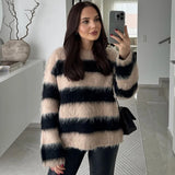 Purpdrank  Casual Mohair Stripe Sweater Women Loose Long Sleeve O-neck Loose Warm Pullover Female Fashion Autumn Sweaters Lady