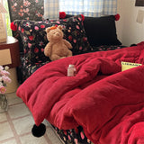Purpdrank  Winter Velvet Single Queen King Size Bedding Set Cute Fur Ball Duvet Cover Floral Flat/Fitted Bed Sheet Pillowcases 3/4Pcs