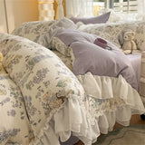 Purpdrank  Skin Friendly Printed Bedding Set With Lace Duvet Cover Bed Sheet Pillowcases A-Class Four Piece Set Bedroom Decor Home Textiles