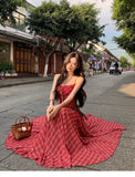 Purpdrank  Casual Waist-Cinching Slimming Patchwork Red Plaid Long Strap Dress for Women