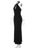 Purpdrank  Women's Black Long Evening Party Dress Elegant Halter Neck Sleeveless Backless Cut Out Slim High Split Maxi Formal Gown