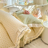 Purpdrank  Korean Princess Style Floral Prints Ruffles Bedding Set Double Layer Yarn 100% Cotton Duvet Cover Pillowcases Bed Sheet 4Pcs