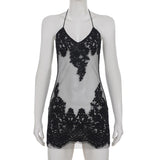 Purpdrank  Sexy Slim Lace Halter Dress See Through Patchwork Pu Leather V-Neck Sleeveless Mini Dresses For Women Summer Party Clubwear Lady