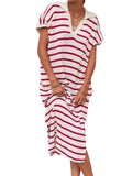 Purpdrank  Women Dress Long Dresses Knitted Turn Down Collar Short Sleeve Print Striped Casual Loose Elegant Splice Summer Vestidos