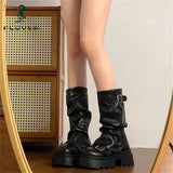 Purpdrank  Retro Mid-Calf  Boots Women's Long Boots Thi Bot ort Boots Korean Sle Spring Autumn Season Flat Heel PU Material