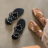 Purpdrank   Women's Black Cow Suede Low Heel Sandal Summer Fashion Studded Decor Thong Sandals Ankle Strap Slip-On Summer Beach Shoes