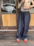 Purpdrank  Chic Autumn New Retro All-Match Elastic Waist Dstring Loose Casual Wide Leg Jeans Women's Trousers Casual Loose Fit Jeans