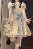 Purpdrank  Sweet Floral Doll Collar Princess Style Dress Women's Summer Bubble Sleeve Short Waist Cinched Fluffy Skirt Citywalk A-Line