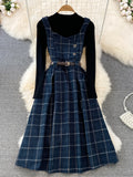 Purpdrank - High Quality Fall Winter Women Sweater Overalls Dress Sets Casual Knitted Tops +Plaid Woolen Dress 2 Piece Sets Outfits Female