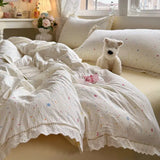 Purpdrank  Korean Style Girly Heart Floral Double Layer Gauze Four-Piece Set Princess Style Lace Trim Quilt Cover Bed Sheet Dormitory