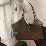 Purpdrank  New Mesh PU Leather Tote Bag Cluth Bag Large Capacity Buckle Woman Luxury Designer Travel Luggage Bag Shopper Handbag