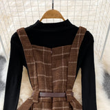 Purpdrank - High Quality Fall Winter Women Sweater Overalls Dress Sets Casual Knitted Tops +Plaid Woolen Dress 2 Piece Sets Outfits Female