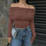 Purpdrank  Spring Summer Women's Tops Female Solid Color One Shoulder Top Lady's Long Sleeve T-shirt Women's Bottoming Shirt
