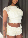 Purpdrank  Women s Lace Crop Top and High Waisted Shorts Set with Short Sleeves and O Neckline Tiered Lace Design for a Stylish Look