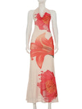 Purpdrank  Summer Fashion Sheer Mesh Floral Print Long Dress Women Sexy Halter Swinging Collar Sleeveless Backless Holiday Maxi Dress