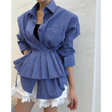 Purpdrank  Vintage Plaid Shirts Women Harajuku Pleated Patchwork Blouses Ladies Streetwear Korean Bandage Long Sleeve Casual Design Tops
