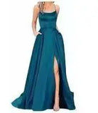 Purpdrank  women's Satin Prom Dresses Spaghetti Straps Backless Long Dress with High Slit Mermaid Formal Party Gown with Pocket Vestido
