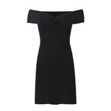 Purpdrank  Sexy Ruched Bow Chest Off Shoulder Mini Dress Women Short Sleeve Package Hips Mini Robe Party Apricot Black