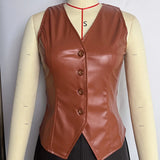 Purpdrank  Women Slim Brown PU Leather Vest Women Slim Button Sleeveless Top