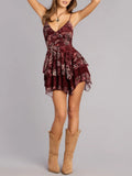 Purpdrank   Summer Women Paisley Print Spaghetti Strap Backless Mini Dress V Neck Layered Ruffle Hem Casual Dress Boho Vacation Romper Dress