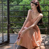 Purpdrank  Sweet V-Neck Pink Dress Women Spaghetti Straps Sleeveless Chiffon Pleated Casual Beach Dress Sexy Slim Long Dress