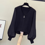 Purpdrank - Black Beading Knit Sweater Pullover Women Elegant Vintage Stylish Chic Knitwear Tops 2023 Autumn Long Sleeve V-neck Jumpers