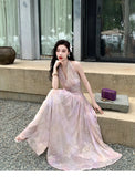 Purpdrank  French Jacquard Embroidered Dress Halter Neck Women Spring Vacation Sexy Floral Long Dress
