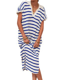 Purpdrank  Women Dress Long Dresses Knitted Turn Down Collar Short Sleeve Print Striped Casual Loose Elegant Splice Summer Vestidos
