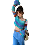 Purpdrank  Flare Sleeve Knitting Pullovers Women Rainbow Stripe Hollow Out Crop Tops Y2K Korean Loose O Neck All-Match Sunscreen Jumper