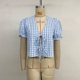 Purpdrank  Holiday Style V-neck Puff Sleeve Plaid Shirt Top Women Fashion 2025 Summer Boho Lace Up Casual Short Blouses