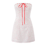 Purpdrank  Sexy White Pink Flower Print Bow Ribbon Strapless Dress Women Slim Waist Backless Mini Dresses A-lined Short Robe