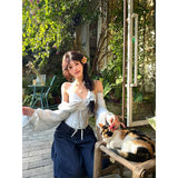 Purpdrank  Y2K Slash Neck Shirts Women Fashion Sexy Cropped Strapless Bandage Blouses Summer Gyaru Korean Long Sleeve Tunic Tops New