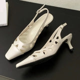 Purpdrank  Elegant White Hollow Heels for Women Fashion Square Toe Buckle Mule Shoes Luxury Brand Designer Pumps Comfort office formal shoe