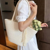 Purpdrank  Portable Straw Woven Tote Bag Handmade Large Capacity Shoulder Bags Hollow Out Button Braided Underarm Bag Women