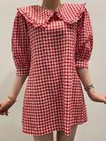 Purpdrank  Chic Spring Sweet Young Looking Wood ain  Doll Collar Loose Bubble Sve Plaid Dr Women's Faion Casual Skirts