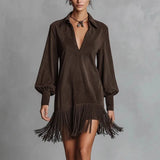 Purpdrank  Spring Retro Solid Imitation Suede Tassel Dress Woman Sexy Lapel Hollow A-Line Mini Dress Autumn Long Sleeve Elegant Party Dress