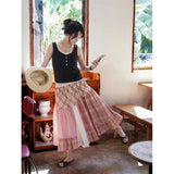 Purpdrank  Harajuku Plaid Midi Skirt Women Japanese Lace Patchwork Skirts Summer Korean Fashion High Waist Casual A Line Faldas New