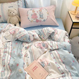 Purpdrank  Bowknot Bedding Set Ins Girl Plaid Washed Dormitory Bed Sheet Quilt Cover Student Dormitory Three-piece Set