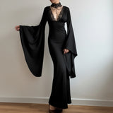 Purpdrank  Gothic Lace Trim Bodycon Dress Elegant Fashion Dark Slim-Fitting Solid Deep V-Neck Long Flare Sleeve Maxi Dresses Women