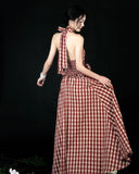 Purpdrank  Vintage Plaid Long Dress Women Vacation Beach Sexy Halter Floral Maxi Dresses Summer Korean Backless Bodycon Vestidos New