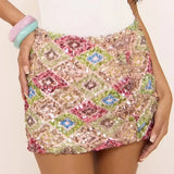 Purpdrank  Women's Sequin Mini Skirts with Bulit in Shorts Summer Versatile Low Waist Slim Fit Skirt Club Party Shinny Glitter Pencil Skirt
