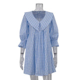 Purpdrank  Fashion Cotton Blue Plaid Dress Casual Lapel Long Sleeve Mini Dresses Elegant Holiday Boho Dress Women Vestidos