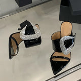 Purpdrank  Fashion Design Big Crystal Rhinestone Buckle Women Slippers Sandals Sexy Pointed Toe Mules High Heels Banquet Party Shoes