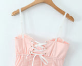 Purpdrank  Pink Embroidery Floral Bra Corset Style Sling Dress Women Cross Lacing up Back 2 Layers hem Party Skater Mini Dresses Robe