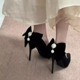 Purpdrank  New Banquet Bow Pointy Temperament Beautiful High Heels Black with Skirt Fashion Light Mouth Single Shoes