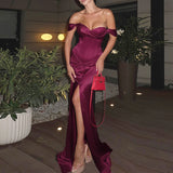 Purpdrank  Women Elegant Hight Waist Satin Long Dress Fashion Split Draped Solid Evening Party Dress Sexy One Shoulder Banquet Gowns Dress