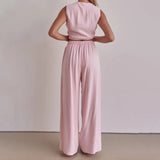 Purpdrank  Trousers Suit Office Lady Outfits Elegant Women Loose Two Piece Set Sleeveless Lace Up Vest Top Elastic Waist Wide Leg Pants Set