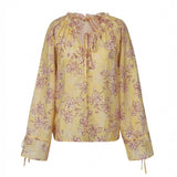 Purpdrank  Chic Yellow Floral Printed Blouses Shirts for Women Tops Casual Lace-up Flare Long Sleeves Blouse Summer Boho Beach Loose Blusas